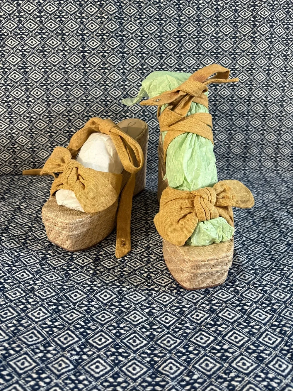 Sam Edelman Mustard Yellow Espadrille Platform Sandals with Bow Ties